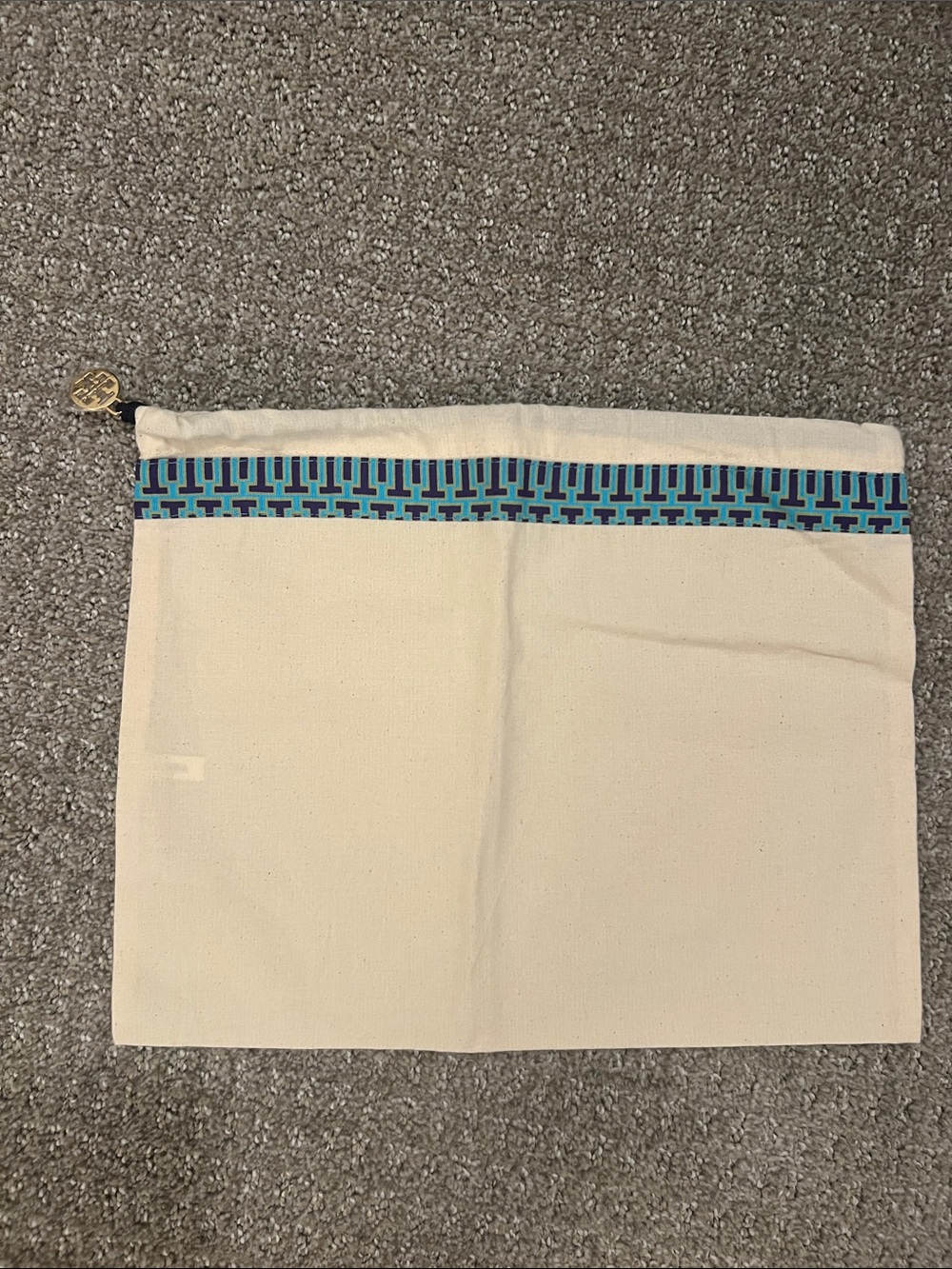 Tory Burch Natural Canvas dust bag with gold logo pull, Blue and Teal Logo Trim